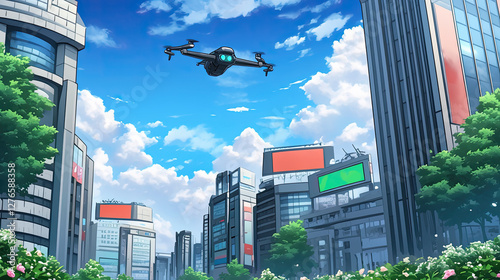 City skyline with helicopter flying above and a chibi anime delivery drone in the foreground showcasing a cute face during daytime photo