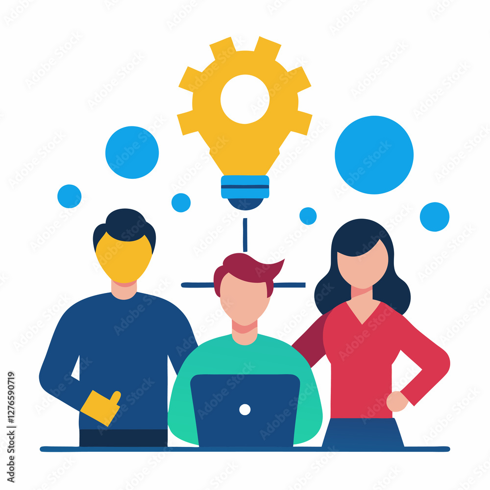 Employees working together on innovation in flat vector style art