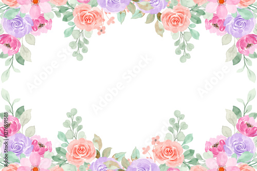 Watercolor flowers background for design pastel color. Floral border frame card template.