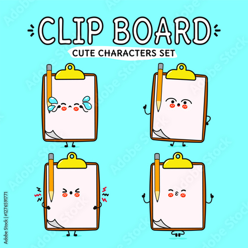 Cute character clipboards with expressive faces and playful emotions in a colorful design