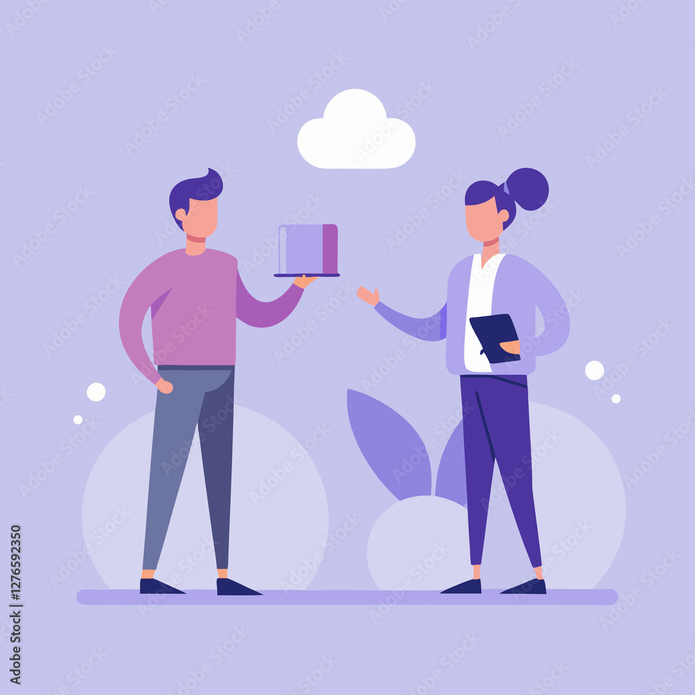 Office workers exchanging ideas on soft background in flat vector style design Office workers exchanging ideas on soft background in flat vector style design