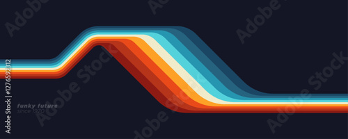 Abstract 1970s-inspired background design in a futuristic retro style with vibrant, colorful lines. Vector illustration.