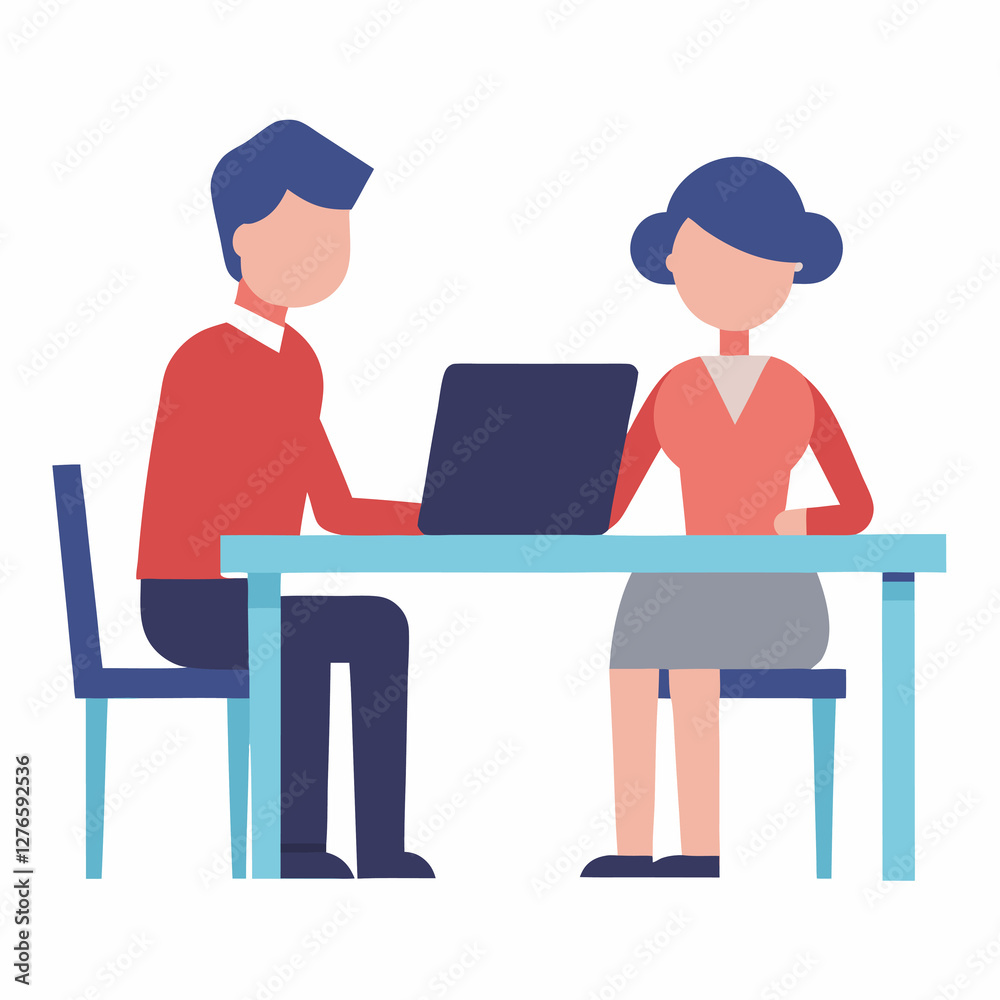 Professional colleagues collaborating at desk in flat vector style design Professional colleagues collaborating at desk in flat vector style design