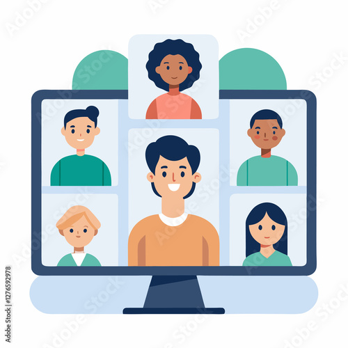 Remote team video conference in flat vector style design image