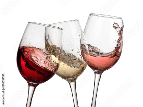 Three red, white and rose wine glasses plash on white background, studio shot photo