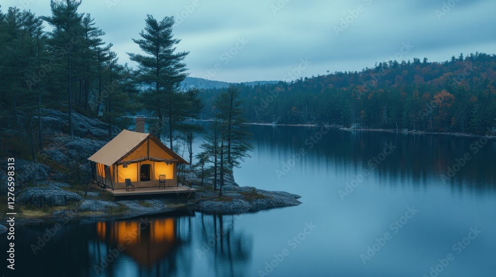 Fototapeta premium Lakeside cabin at dusk, serene forest, tranquil lake. Possible use travel, vacation, nature
