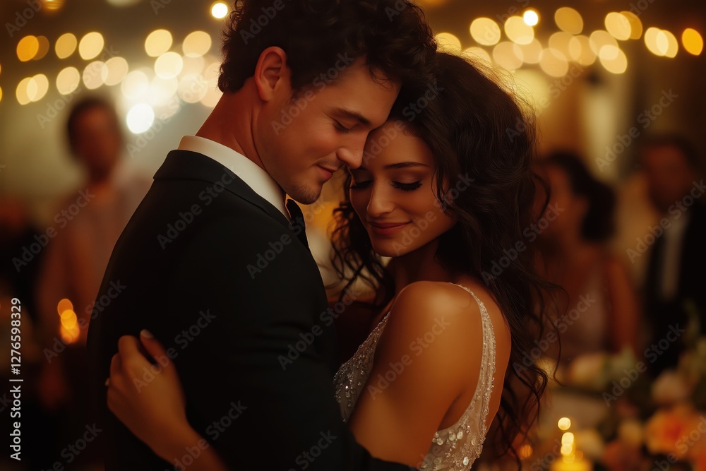 Bride and groom share a romantic dance under warm glowing string lights