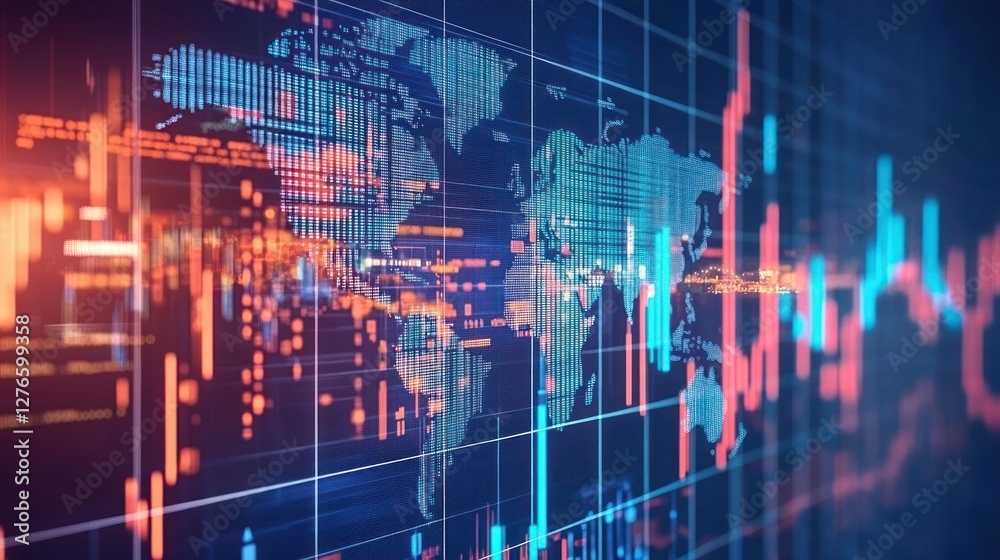 Fototapeta premium Digital map with global data visualizations and stock market graph overlays