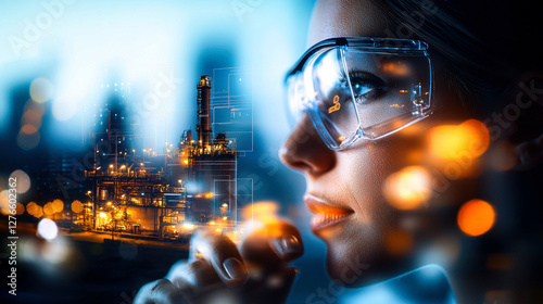 Innovative industrial engineer with safety glasses, city skyline