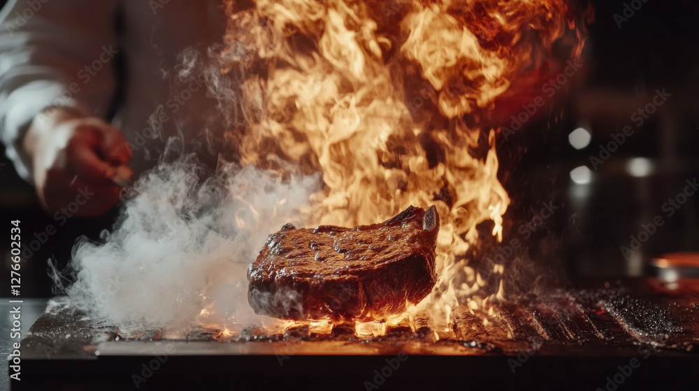 Naklejka premium Sizzling Steak at a High-Temperature Grill with Flames and Smoke for Culinary Inspiration and Gourmet Cooking Experiences