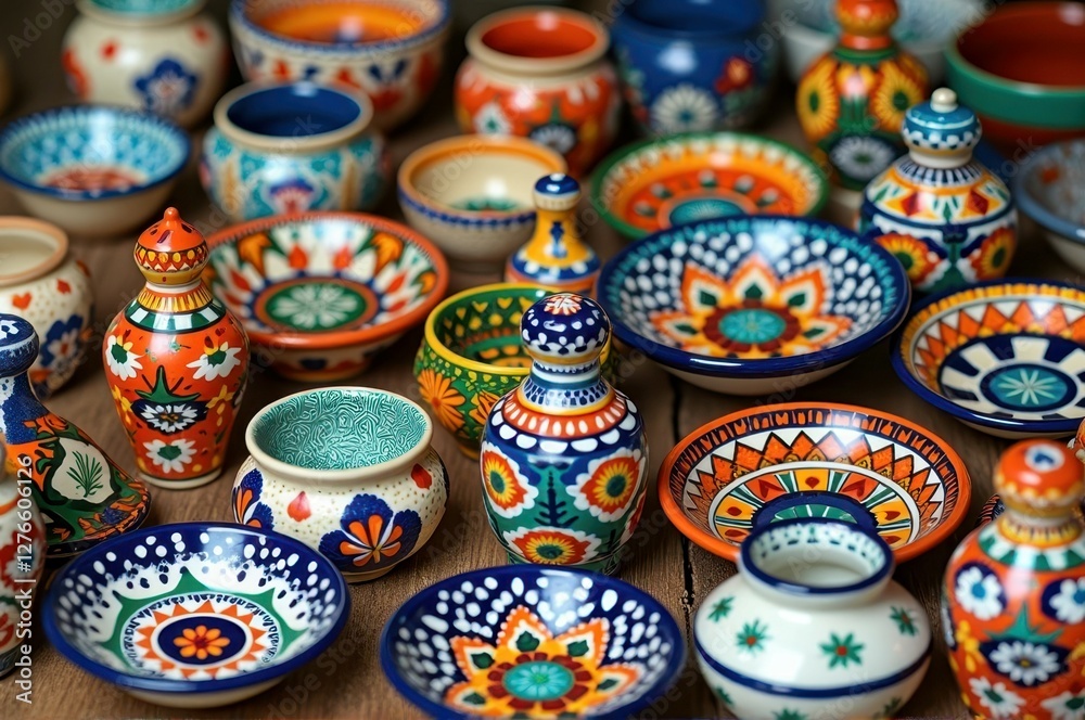 Vibrant hand-painted mexican pottery with colorful patterns and traditional designs Vibrant hand-painted mexican pottery with colorful patterns and traditional designs