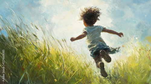 Happy child running joyfully through a sunlit field full of tall grass, capturing the essence of freedom and innocence in a vibrant outdoor setting.