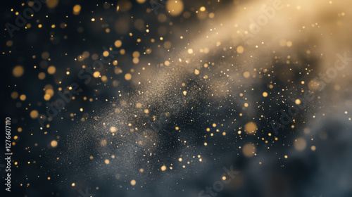 Beautiful gold particles swirling in a mysterious black background, creating a mesmerizing and enchanting scene of shimmering dust and ethereal light effects.