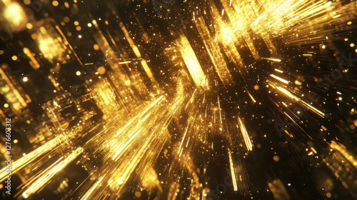 Abstract golden light burst creating a dynamic impression of speed and energy with shimmering particles illuminating a dark background in a visually stunning composition