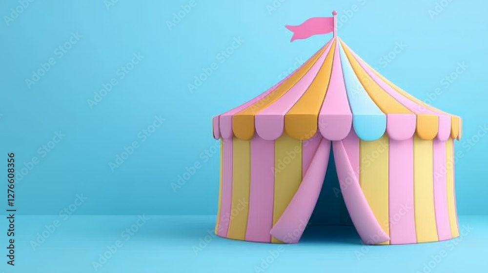 A colorful circus tent with pastel stripes and a flag, set against a bright blue background, evoking a playful and whimsical atmosphere. A colorful circus tent with pastel stripes and a flag, set against a bright blue background, evoking a playful and whimsical atmosphere.