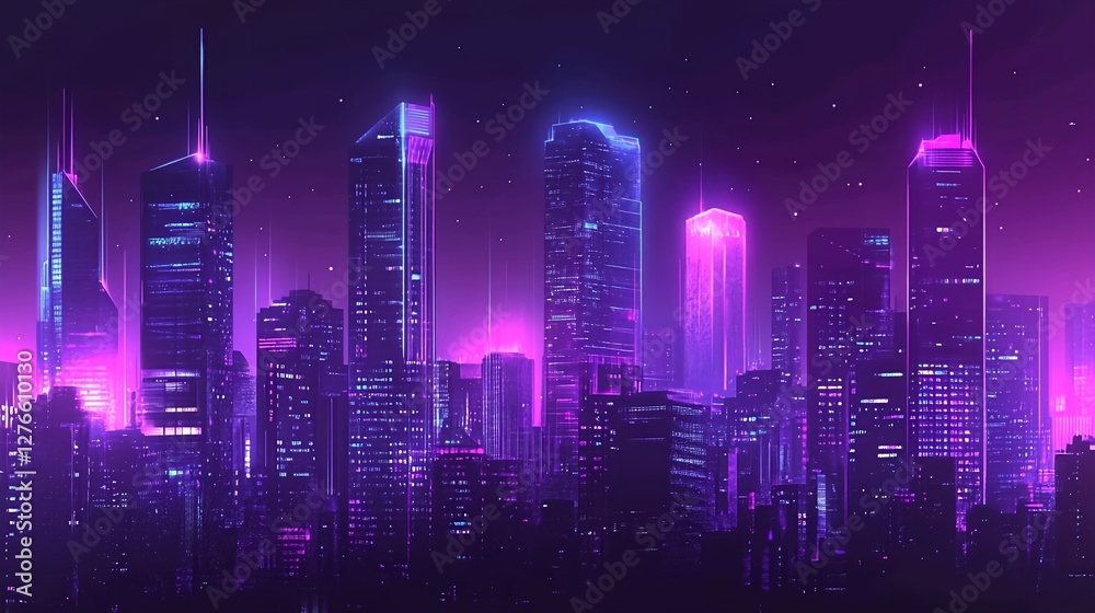 Fantasy cyberpunk city skyline on neon style. Modern city background Fantasy cyberpunk city skyline on neon style. Modern city background