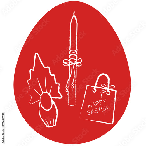 Traditional Easter gifts from Godfather and Godmother in Greece. Large candle, big chocolate egg and bag with present on red egg background. Vector illustration. White chalk outline.