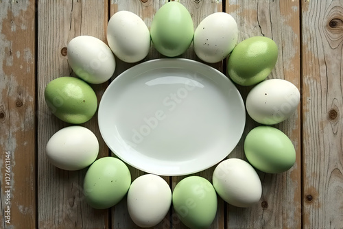 Soft Green and White Easter Eggs Arranged in a Circle In style of High-Resolution Realistic Photography For Easter Background Use on Rustic Wooden Surface