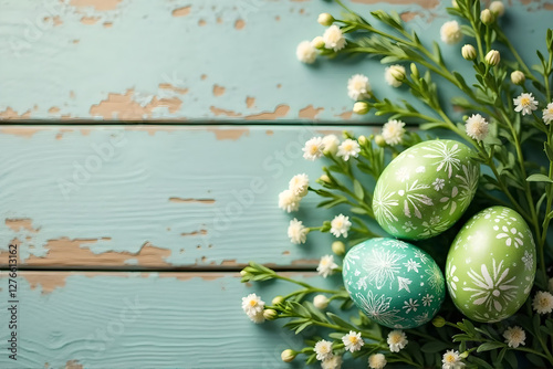 Green Easter Eggs with Delicate White Patterns In style of High-Resolution Realistic Photography For Easter Background Use on Textured Wooden Background