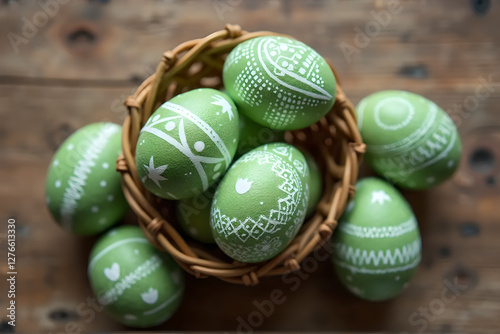 Green Easter Eggs with White Geometric Patterns In style of High-Resolution Realistic Photography For Easter Background Use on Rustic Wooden Table