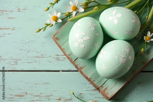 Easter Eggs in Pale Green with Subtle White Designs In style of High-Resolution Realistic Photography For Easter Background Use on Weathered Wooden Board