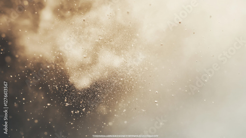 Abstract close-up of floating dust particles illuminated by soft light, creating a dreamy atmosphere with gentle tonal variations in sepia and beige hues.