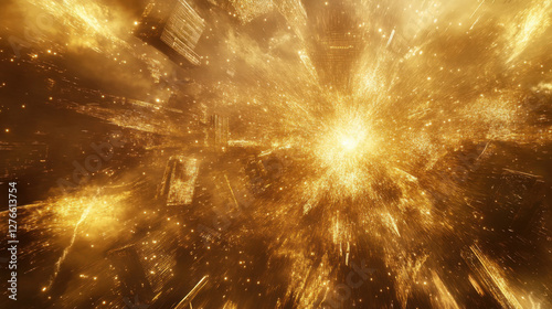 Dramatic Explosion of Golden Light Creating a Vivid Abstract Background with Flashes of Brightness and Dynamic Light Effects in an Urban Environment