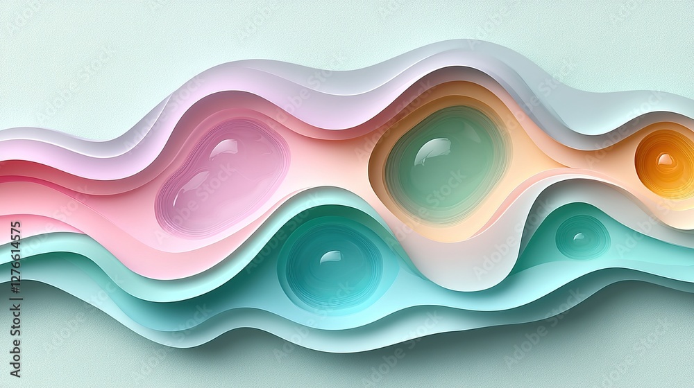 Fototapeta premium Abstract colorful waves with glossy droplets on a soft pastel background, creating a serene atmosphere