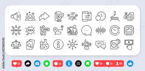 Journey, Dao and Feather signature line icons pack. Social media: share, comment, like icons. Fake internet, Sound wave, Correct answer web icon. Vector