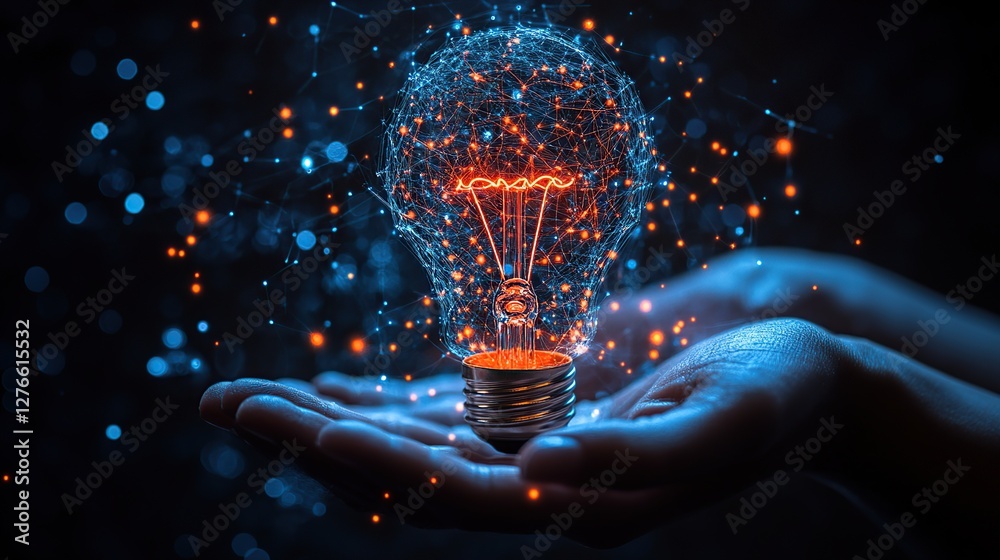 Fototapeta premium Hands holding a glowing light bulb made of particles, symbolizing creativity and innovation in a dark setting