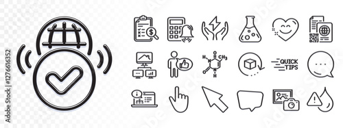 Chemistry lab, Online documentation and Accounting report line icons for web app. Glare of light effect. Message icon. Pack of Smile chat, Safe energy, Qr code pictogram icons. Vector