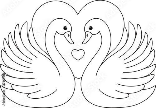 Couple of swans and heart shape, Valentine's coloring page