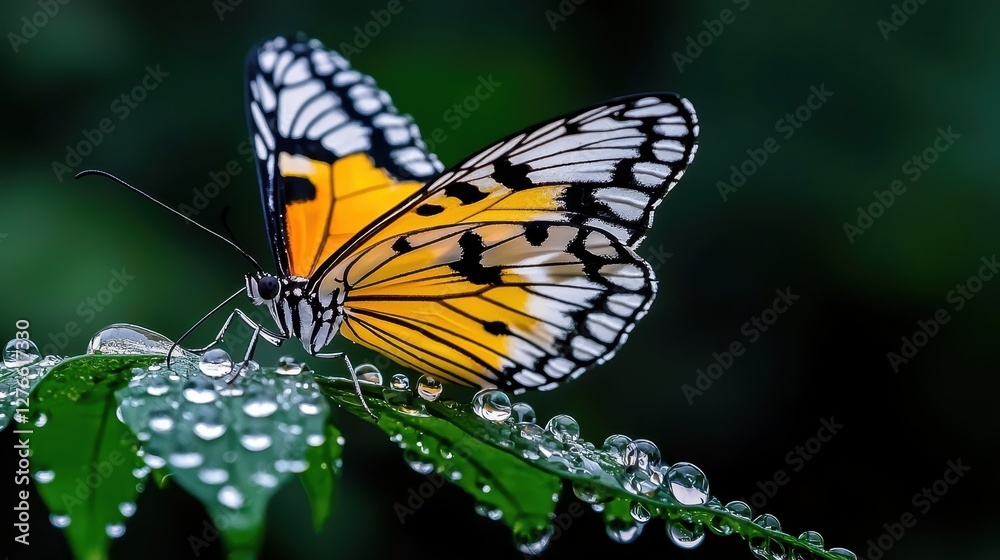 Vibrant Butterfly with Dew Drops on Leaf in Green Background Vibrant Butterfly with Dew Drops on Leaf in Green Background
