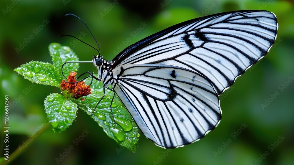 Fototapeta premium Beautiful Black and White Butterfly on Green Leaf with Dew Drops