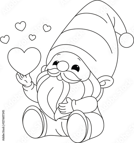 Valentine Gnome outline holding heart coloring page, Valentine's coloring page