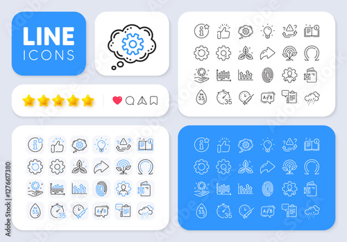 Cogwheel, Professional and Clipboard line icons for web app. Message, Share, Like social media icons. Pack of Ph neutral, Ab testing, Fair trade pictogram icons. Vector