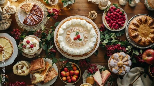 Wallpaper Mural Decorative Thanksgiving dessert table, captured from a top view, softly lit, featuring an elegant spread of cakes, pies, and seasonal treats. Torontodigital.ca