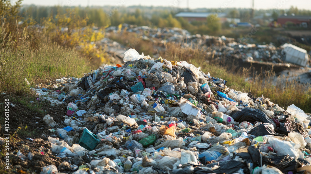 Obraz premium Pile of Mixed Rubbish and Debris at an Open Landfill Site with Overgrown Vegetation and Distant Industrial Background in Bright Natural Lighting
