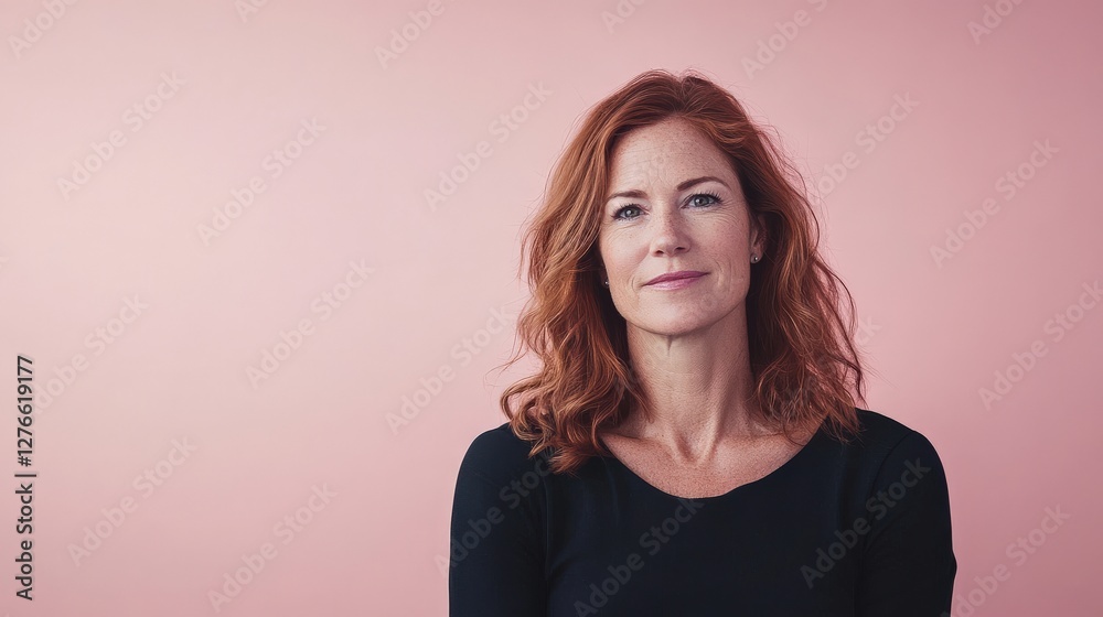 Fototapeta premium Confident Woman with Red Hair Posing Against a Soft Pink Background