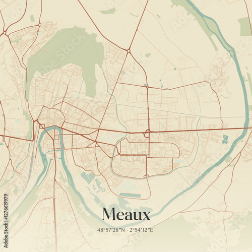 Vintage map of Meaux, France.