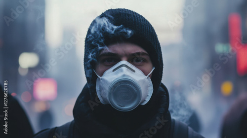 Young man wearing a protective mask stands in a foggy urban environment, surrounded by blurred figures, capturing the essence of modern health concerns in the city.