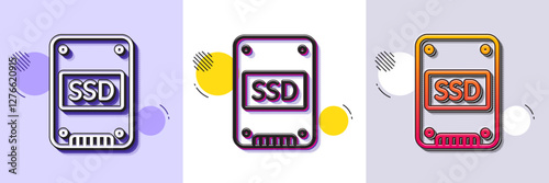 SSD icon. Halftone dotted pattern. Gradient icon with grain shadow. Solid-state drive sign. Storage disk symbol. Line sSD icon. Various designs. Vector