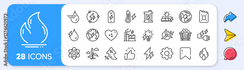 Energy types line icons. Interest rate, AI generate, Inflation icons. Coal Trolley, Solar Panels, Hydroelectric Power icons. Sustainable Electricity, Battery Energy, Fuel canister. Vector