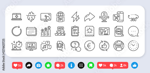 Online video, Internet documents and Seo strategy line icons pack. Social media: share, comment, like icons. Refresh like, Touch screen, Timer web icon. Vector