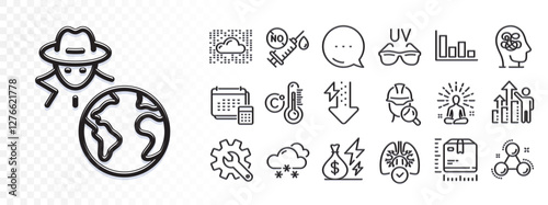 Yoga, Fraud and Customisation line icons for web app. Glare of light effect. Message icon. Pack of Employee results, Sunglasses, Energy drops pictogram icons. Vector