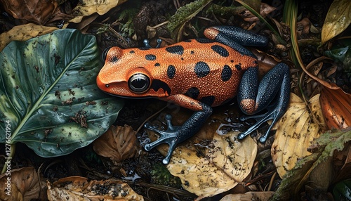 Orange poison dart frog resting on leaf litter in jungle