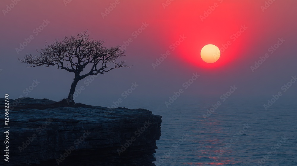 Solitary tree on cliff overlooking sunset sea Solitary tree on cliff overlooking sunset sea
