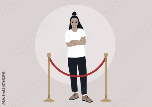 In a contemporary setting, a poised person stands in front of a red velvet rope, arms crossed and a confident expression, embodying a sense of exclusivity and self-assuredness