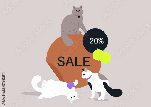 Playful cats gather around a vibrant sale sign, showcasing their charm and inviting all to take advantage of a special offer. An enchanting scene perfect for cat lovers