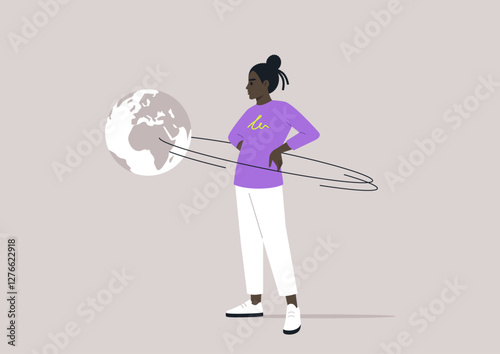 A bold figure stands proudly with hands on waist, a planet revolving in their orbit, illustrating the allure of narcissism and self-importance in a minimalistic style